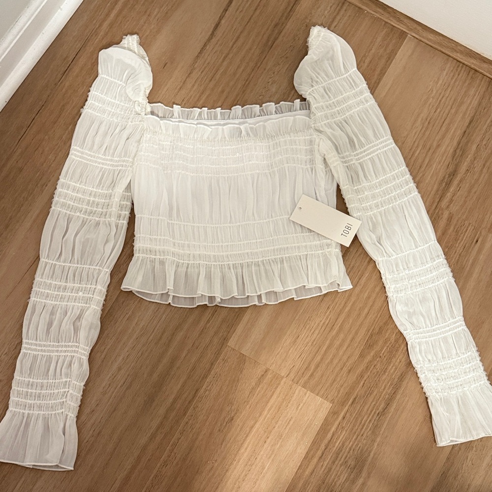 Tobi White Smocked Long Sleeve Crop Top